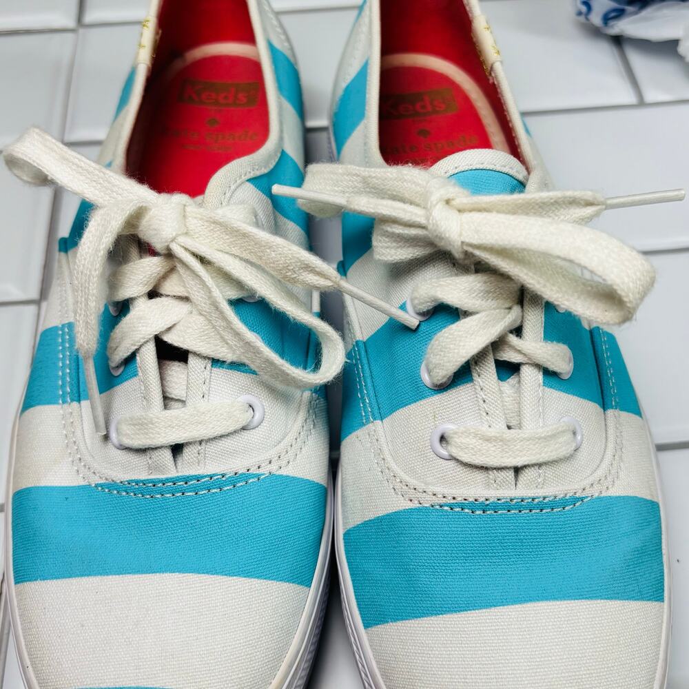 Keds X Kate Spade Cabana Stripe‎ Platform Sneakers Women 7 White Blue Nautical - Picture 3 of 14